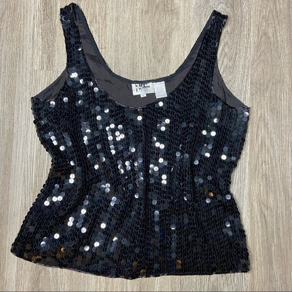 Vintage Silk Niteline Sequin Beaded Black Party Tank Top (L)